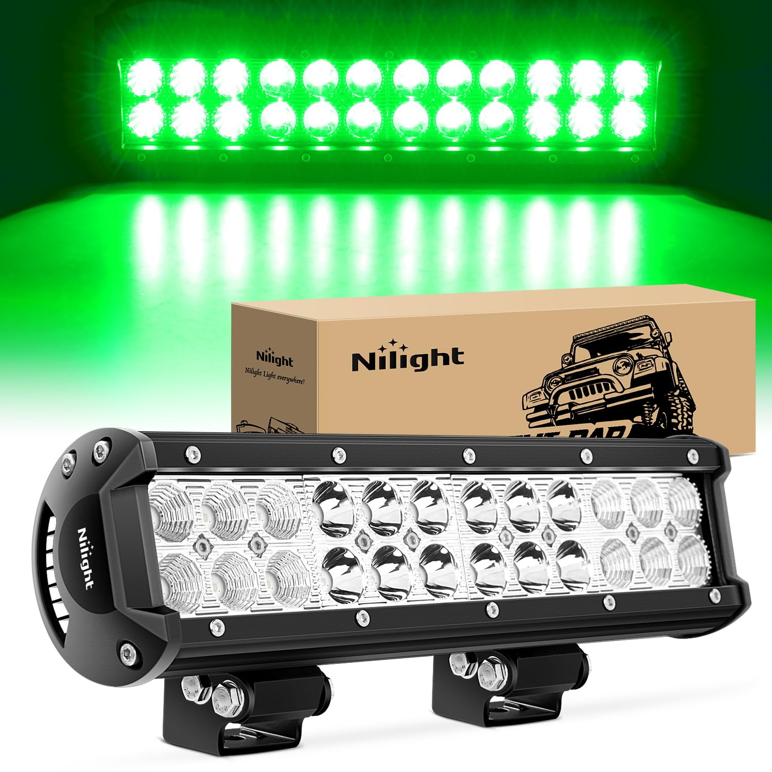 NilightLED Light Bar 12Inch 72W Spot Flood Combo Green Beam Off Road Lights Fishing Hunting Emergency Deck lights Boat Lights LED Work Light for Trucks UTV Pick-up Van Boat Tractor, 2 Years Warranty