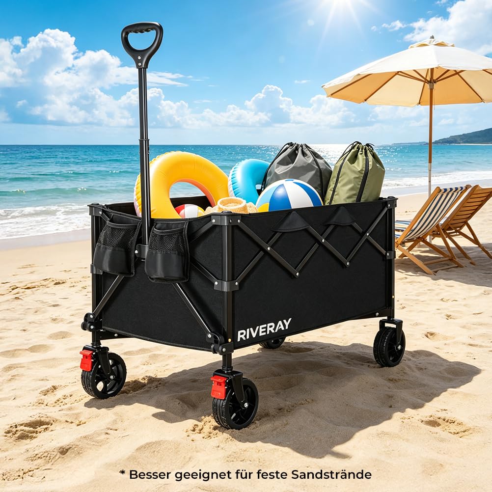 Bollerwagen Faltbar mit Bremsen, 300L 230KG Faltbarer Bollerwagen Großen All Terrain Rädern, Abnehmbare Stofftasche, Verstellbarer Griff Klappbar Handwagen für Strand Camping Garten Festival