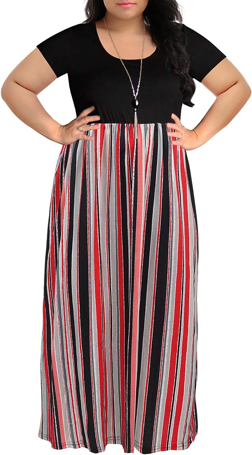 NemidorPlus Size Maxi Dresses for Curvy Women Casual Summer Short Sleeve Chevron Print Long Dress with Pocket 14-26
