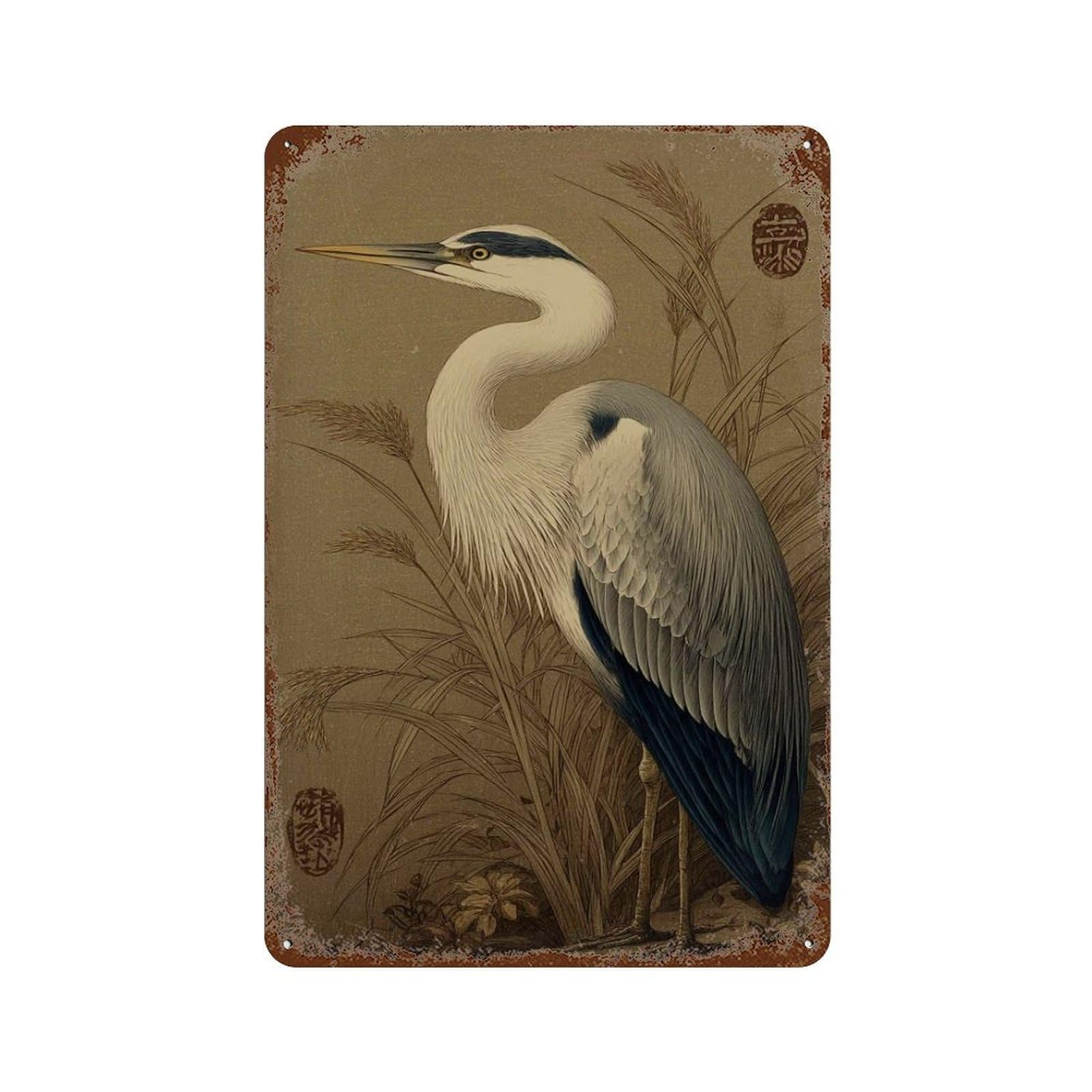 xiaoxiaoshen Japanese Heron Traditional Bird Design Antique Nature Oriental Botanical Wall Decor Art Metal Tin Poster Modern Home Decor Art Home Bar Shop Decorations Vintage Sign 30x20cm