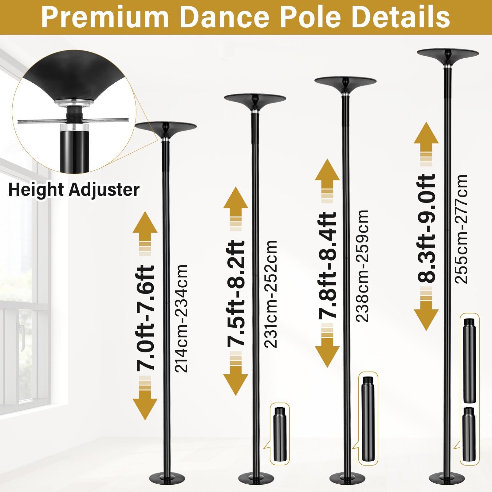 Poledance - Asta professionale per pole dance, regolabile in altezza, 223-280 cm, statica e girevole, con prolunga, in acciaio cromato, portata 200 kg, per pole dance, ginnastica, fitness