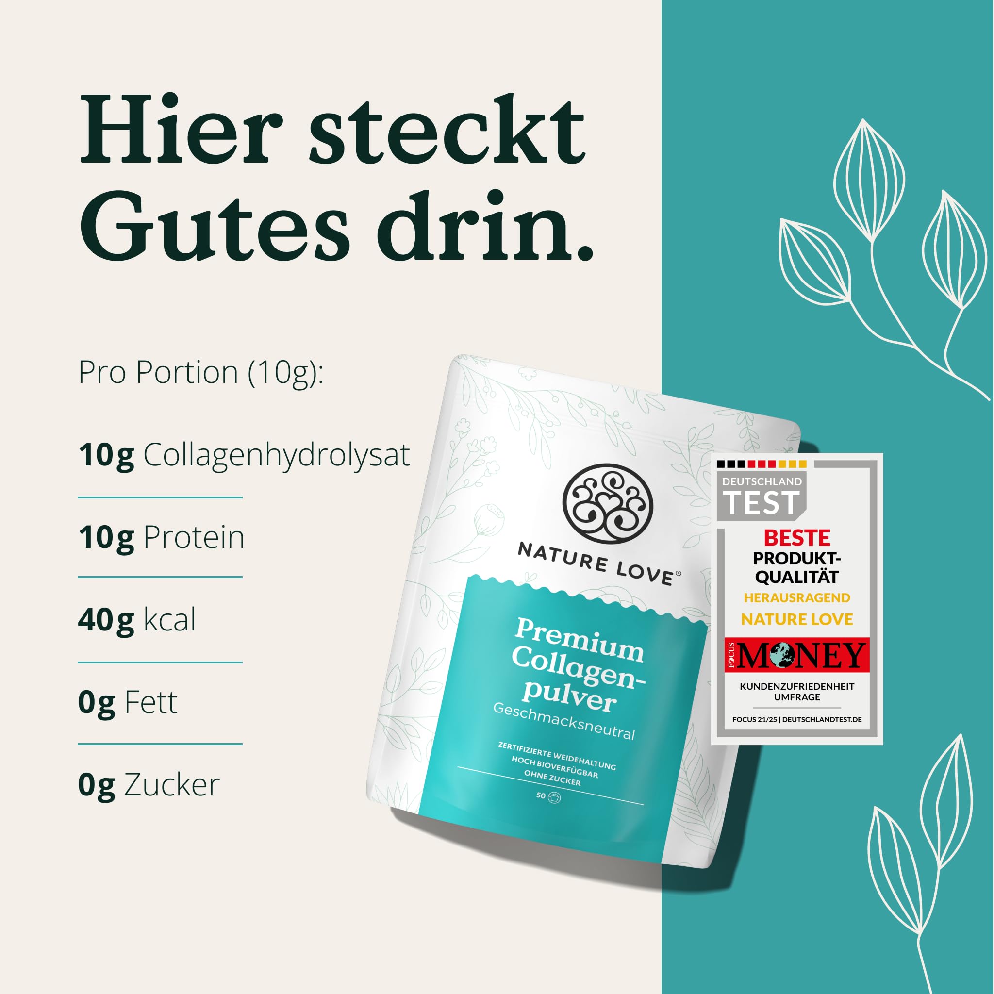 NATURE LOVE® Premium Collagen Pulver - 1500g Kollagen - Peptide Type 1 und 3 - von Rindern aus Weidehaltung - Geschmacksneutral - ohne Zuckerzusatz & Süßungsmittel