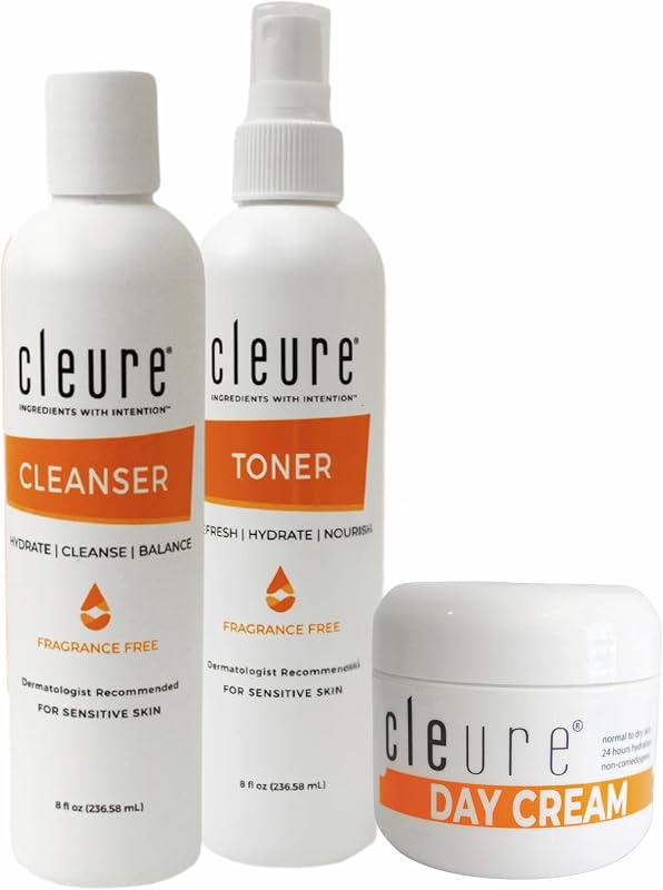 Kit de cuidados faciais Cleure com sabonete líquido, tônico sem álcool e creme diurno com manteiga de karité