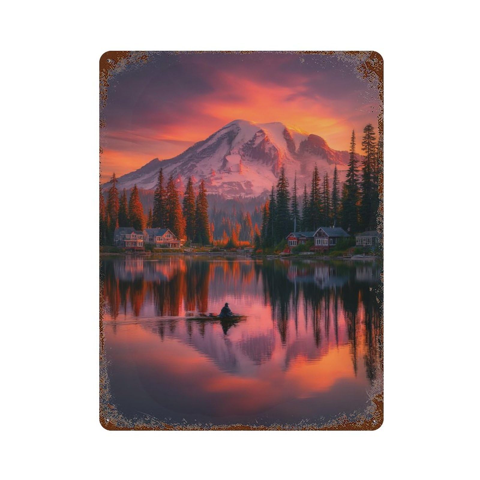 Mountain Lake Sunset Reflections 15.7"x11.8" Rustic Tin Plaque, Retro Wall Decor for Garage, Bar And Workshop Decor