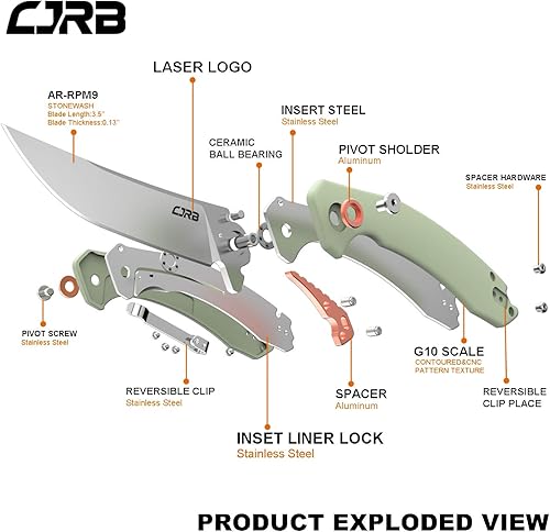 Miniatura 3 de CJRB Cuchillo de bolsillo plegable pequeño con hoja de acero en polvo Stonewash AR-RPM9 y mango G10 cuchillo táctico para hombres y mujeres, EDC al