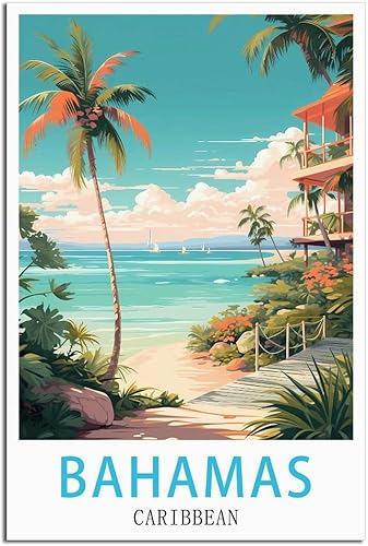 CFXNGA Póster de viaje vintage de Bahamas Caribbean de 16 x 24 pulgadas (15.7 x 23.6 in) en lienzo y arte de pared, decoración moderna de dormitorio