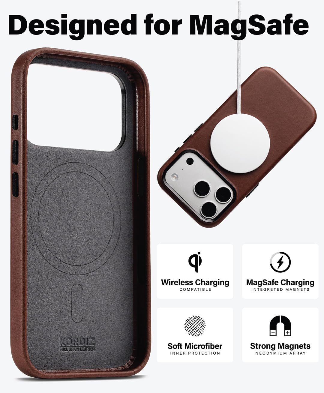 KORDIZ Handcrafted Genuine Leather Case for iPhone 18 Pro, Oil-Waxed Full-Grain Leather, Compatible with MagSafe, Unique Patina, Camera Control Button, Metal Buttons (6.3"), Dark Brown image 5