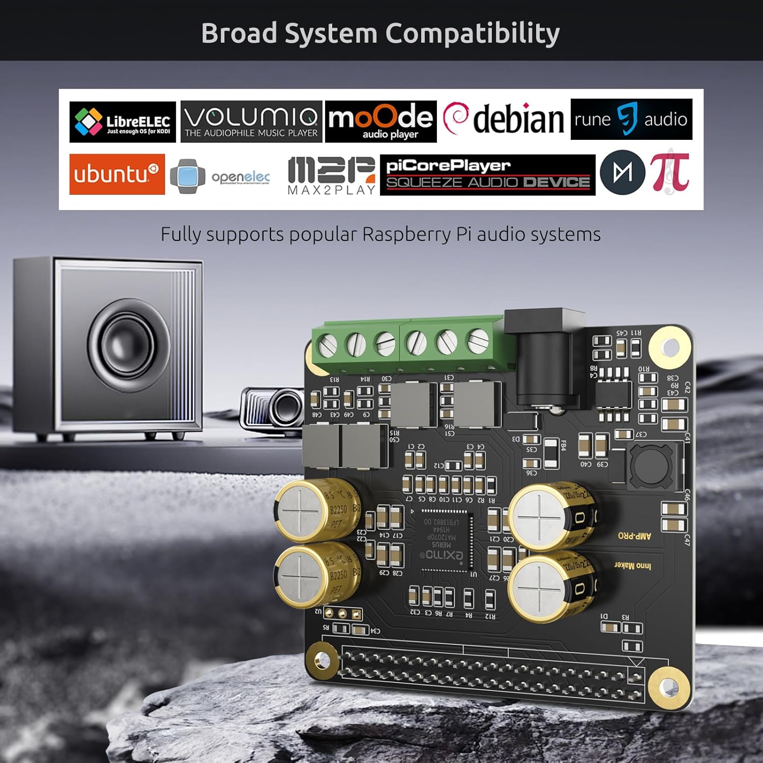 Audio Amplifier 2x80W Peak Output Class D HiFi AMP Pro Hat, Featuring 192KHz/24bit MA12070P, Support Volumio, MoOde, Raspbian, LibreELEC for Raspberry Pi 5 4 3B+ Pi Zero