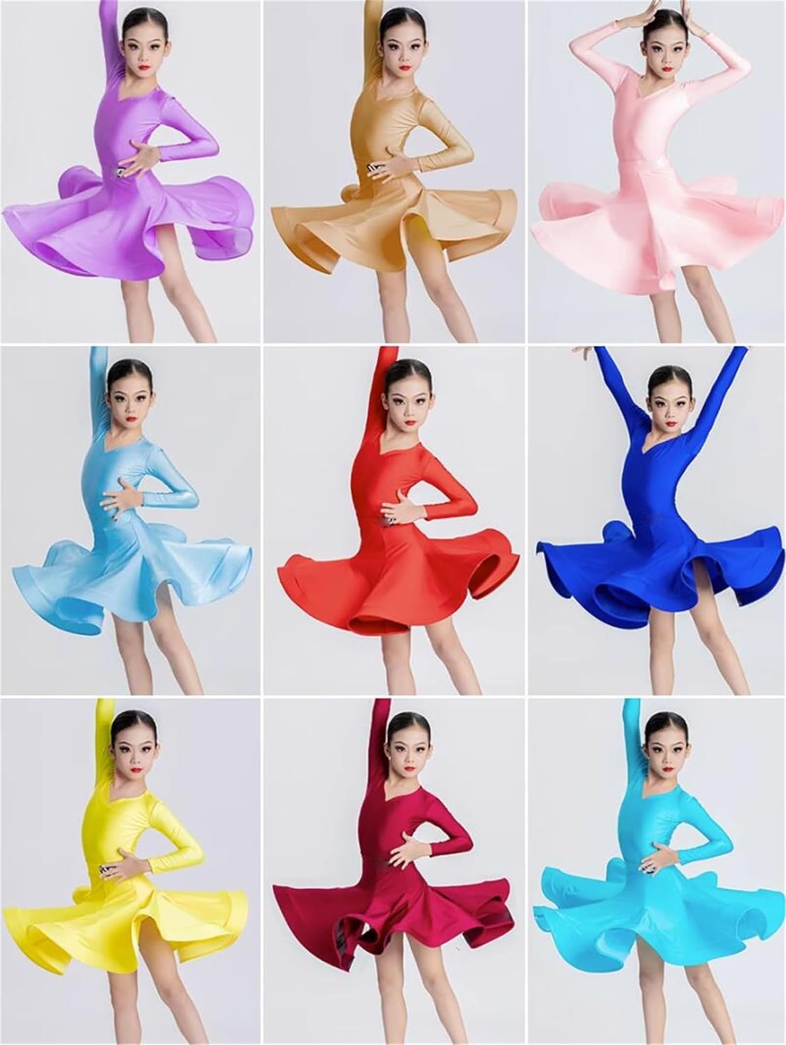 Vestido de Baile Latino de Rumba Y Samba de Manga Larga para Niñas, Disfraz de Baile de Salón, Falda de Práctica, Ropa de Baile de Competición (140 cm)