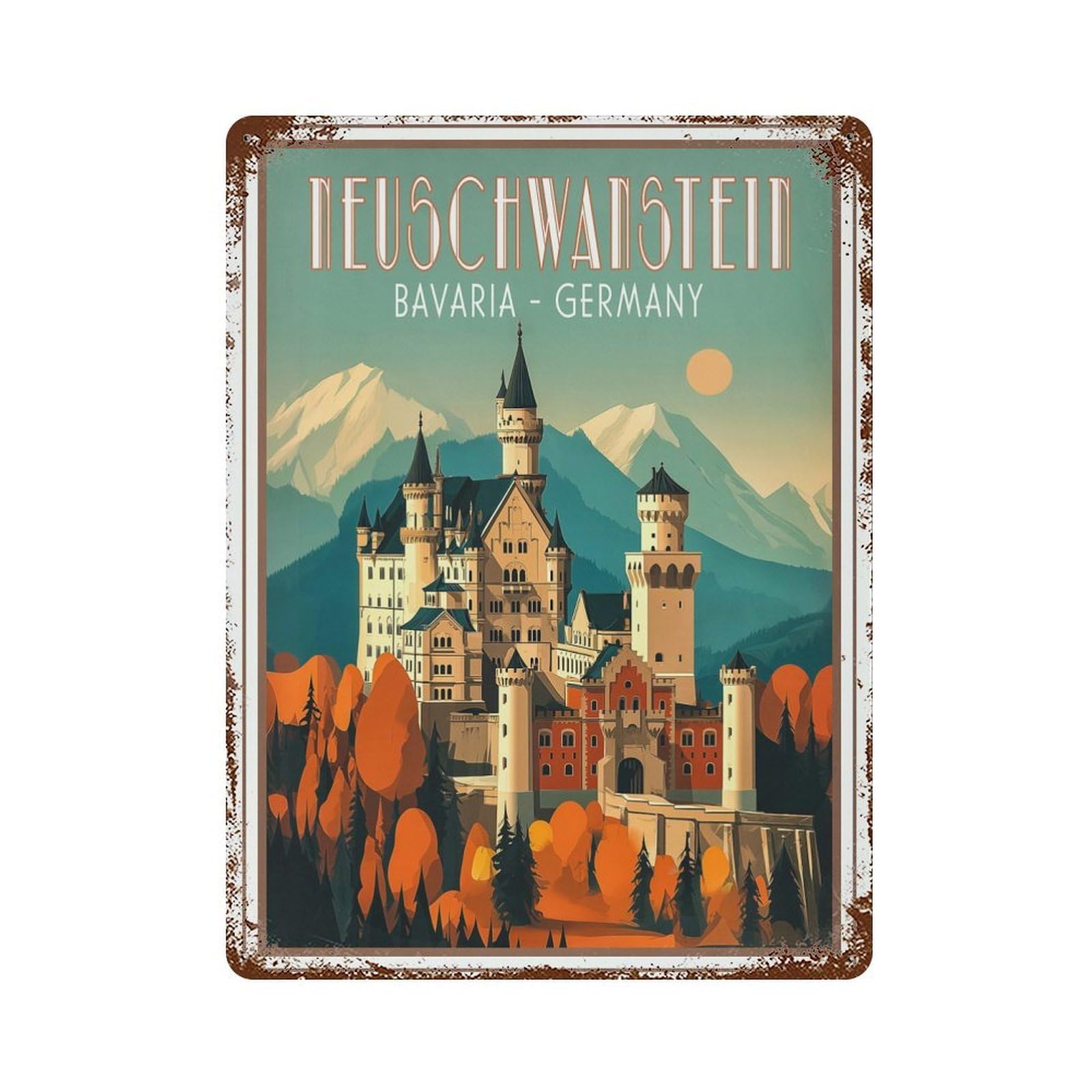 Garage Style Neuschwanstein Castle Bavaria Germany Travel Poster Distressed Metal Wall Sign 15.7"x11.8", Retro Wall Decor for Bar And Workshop