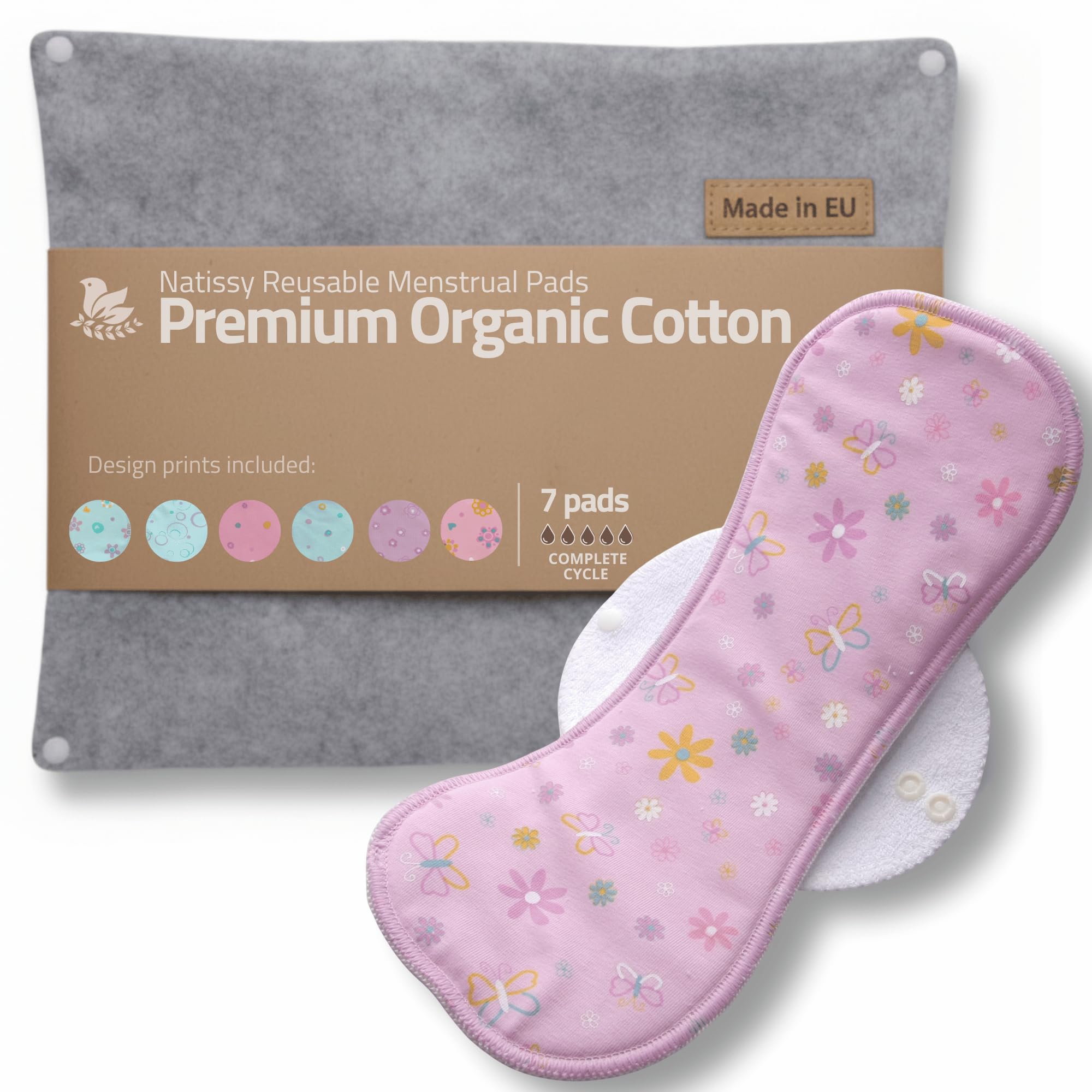 Compresas reutilizables en algodón orgánico para flujo menstrual ligero y abundante (S+M+L+XL, 7 uds); lavables a alta T°, HECHAS EN LA UE; suaves, no irritantes y cómodas, compresas tela para mujeres — view 19