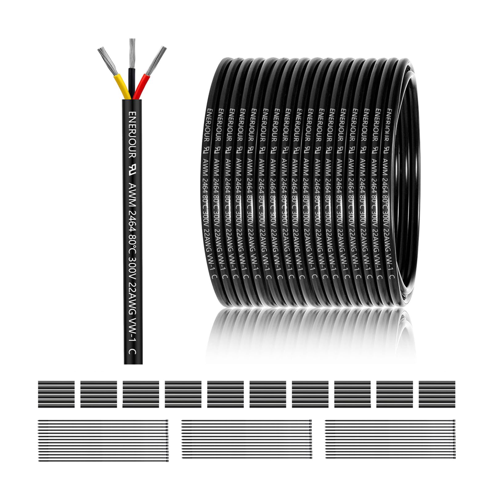 22 Gauge 3 Conductor Electrical Wire 200FT, UL 2464 22 AWG 3 Wire Cable Tinned Copper PVC Stranded 22/3 Core Wire for LED Lighting, Outdoor Low Voltage Extension Cable, Automotive etc.