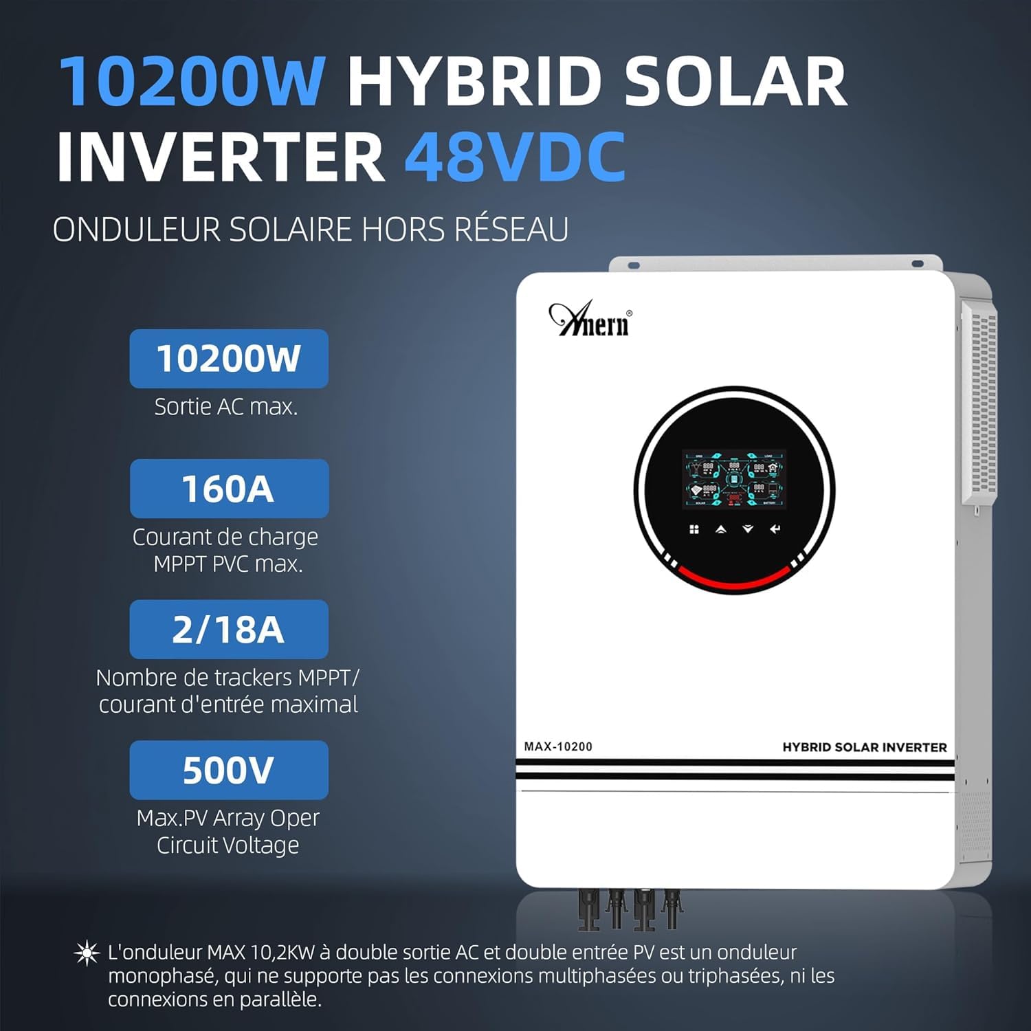 Anern 10200W Onduleur Hybride 48V DC à 220V-240V AC,Hors Réseau Onduleur Solaire Hybride Entrée 2PV/Sortie 2AC,Onde Sinusoïdale Pure avec 160A MPPT Régulateur de Charge PV Max.500V