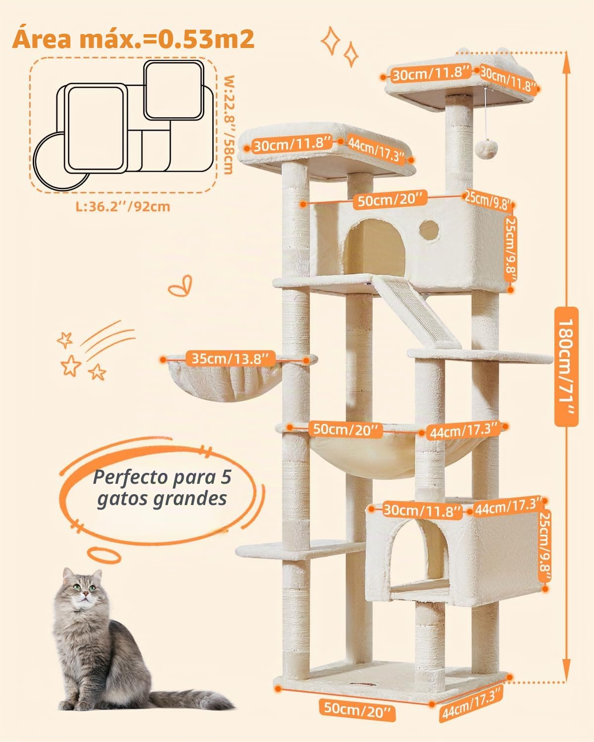 TaoqimiaoRascador para Gatos Grandes, 180CM Estable Arbol Rascador para Gatos com Cuevas, Cesta, Hamaca, Postes, MS026LM Beige