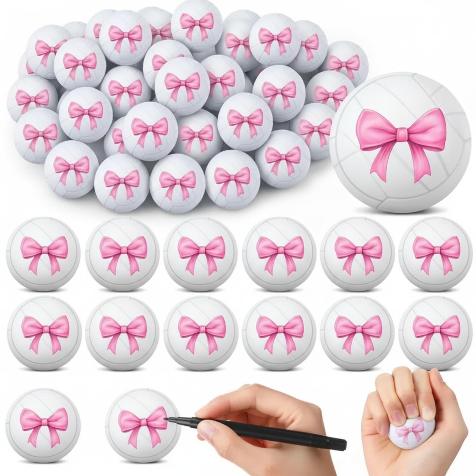 Soulchen 48 Pcs Mini Pink Bow Volleyball Stress Ball1.57 Foam Volleyball Accessories Squeeze Relief Sports Balls for Coquette Party Team Gifts Exchange Valentine's Day Bag Filler