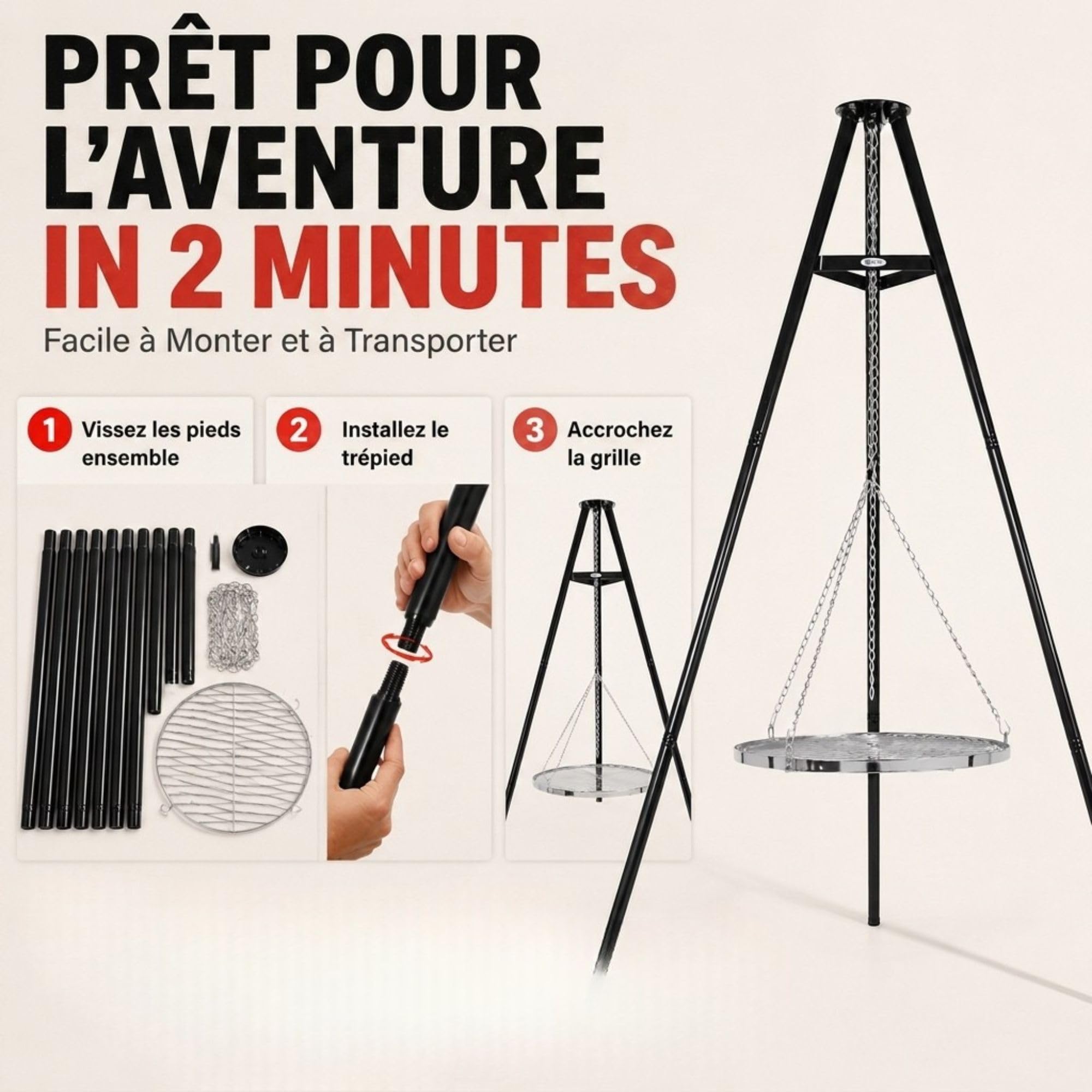 HEAT Trépied Barbecue Suspendu - Barbecue Pivotant avec Grille Ø 65 cm