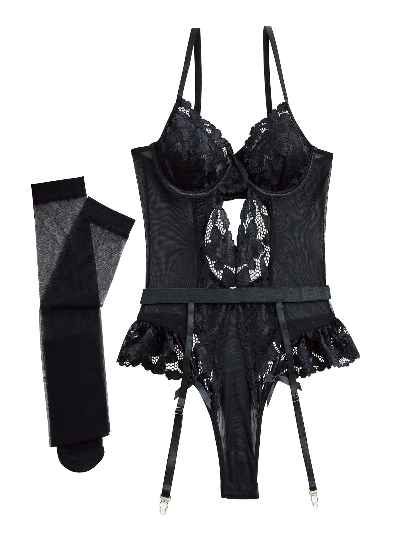 Lilosy Sexy Stocking Lace Mesh Bodysuit Top Underwire Garter Lingerie Set 3 Piece: Small Black