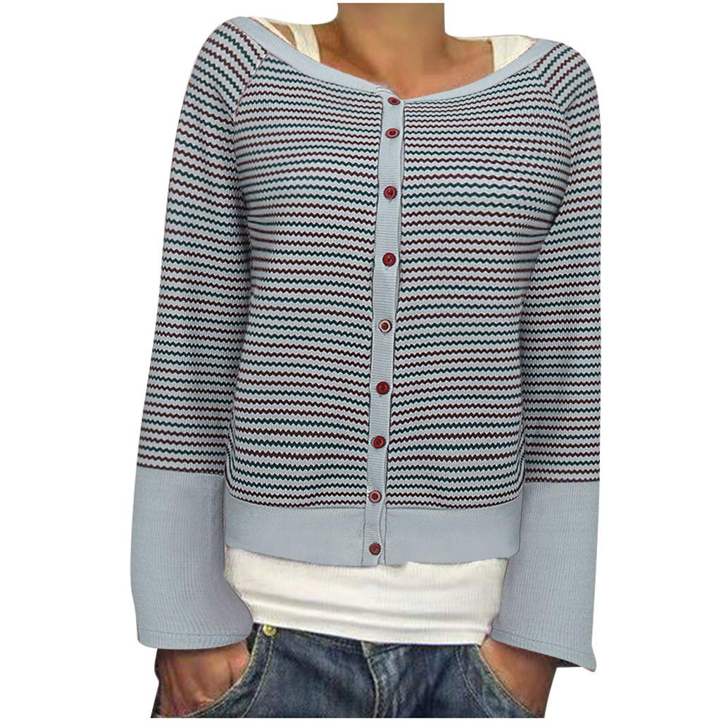 WARMWORD Women Button Stripe Print Crewneck Cardigans Sweater Long Sleeve Winter Casual Warm Shirt Blouse Coat Tops