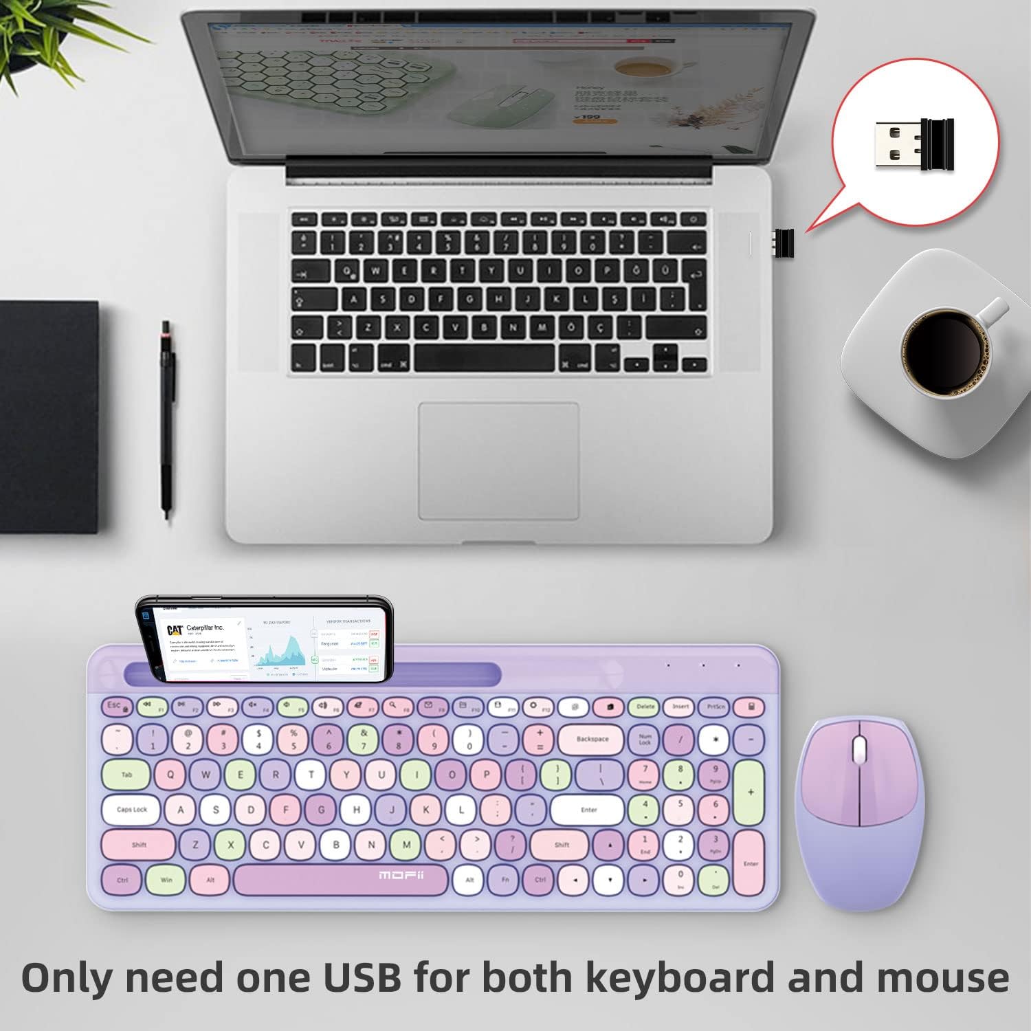 FOPETT Wireless Keyboard and Mouse Combo - 2.4GHz Full-Sized - Computer Keyboard with Phone Holder - Keyboard and Mouse Set for Windows/Laptop/PC/Notebook - Purple Colorful