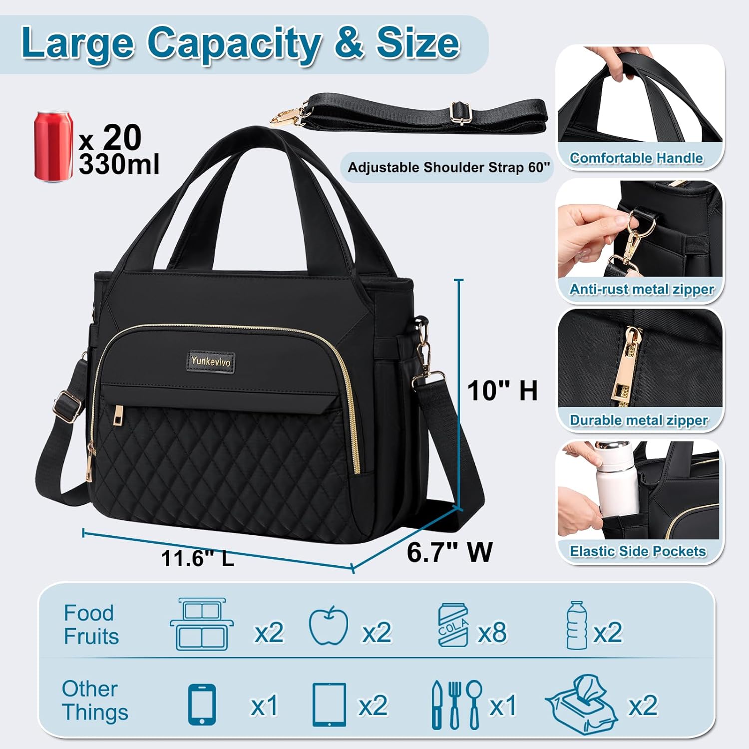 Lunch Bag Lunch Box Women - Insulated Lunch Tote Bag for Women Men, Leakproof Large Womens Lunch Bags for Work, Lunch Cooler Bag for Adult with Side Pocket for Picnic, Hiking, Beach (Black) - Image 5