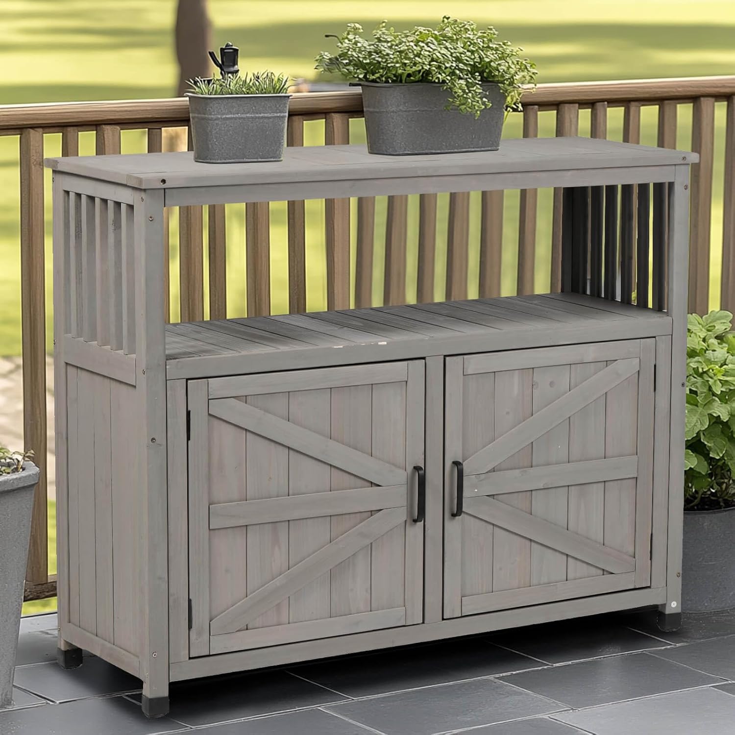 Outdoor Storage Cabinet,Garden Solid Wood Potting Bench Table for Storage & Plants, Indoor Buffet Cabinet, TV Stand, Bar Table, Potting Table (Grey)