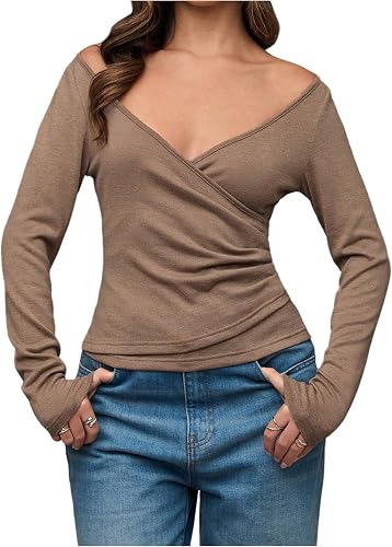 MakeMeChic Women's Deep V Neck Tee Shirt Wrap Long Sleeve Fitted Going Out Tops 