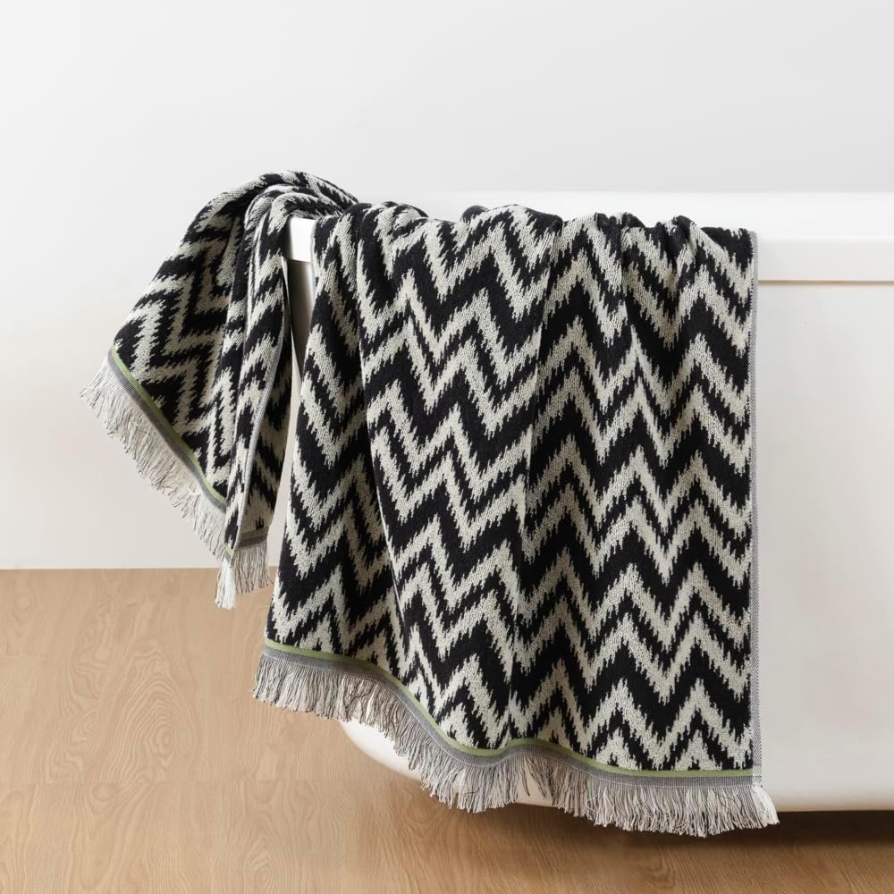 YiLUOMO 100% Cotton Black & White Bath Towel Quick Dry Ultra Soft Absorbent Durable Terry Wave Jacquard Brushed Fringe Hem Bath Towel for Bathroom Decorative, 55" x 27.5" - Image 2