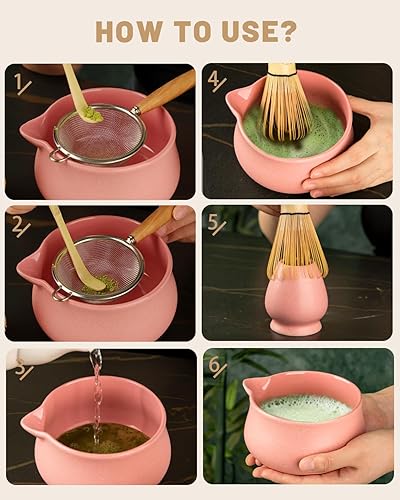 Miniatura 4 de Nucookery Juego de batidor matcha - Juego de 5 piezas con tazón de cerámica matcha de 18 oz (Chawan) con asa, batidor de bambú y soporte, cuchara