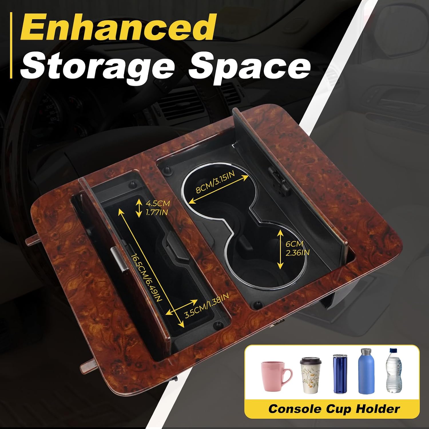 Woodgrain Console Cup Holder Storage Compatible with Cadillac Escalade GMC Chevy Yukon Sierra Tahoe Suburban Silverado Avalanche 2007-2014 Replace 20811675 20919905 20951472 25912892