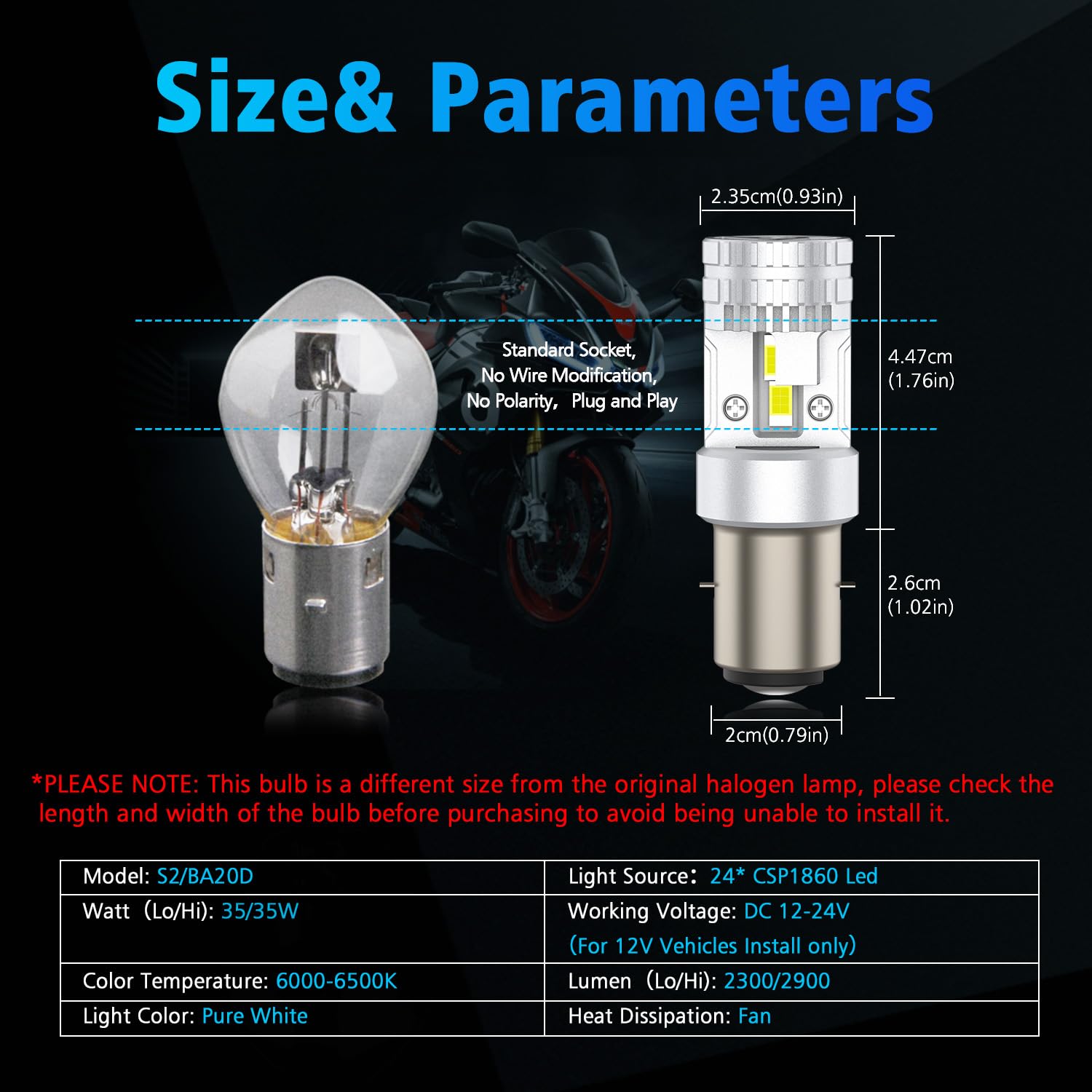 S2 Ba20d LED Phare, Ampoule de Phare de Moto à LED, DC12V 35W Haut/Bas Faisceau Phare, Super Lumineux 2900 Lumens 6500K Blanc pour Moto Scooter,Voitures Électriques, 1 Pc
