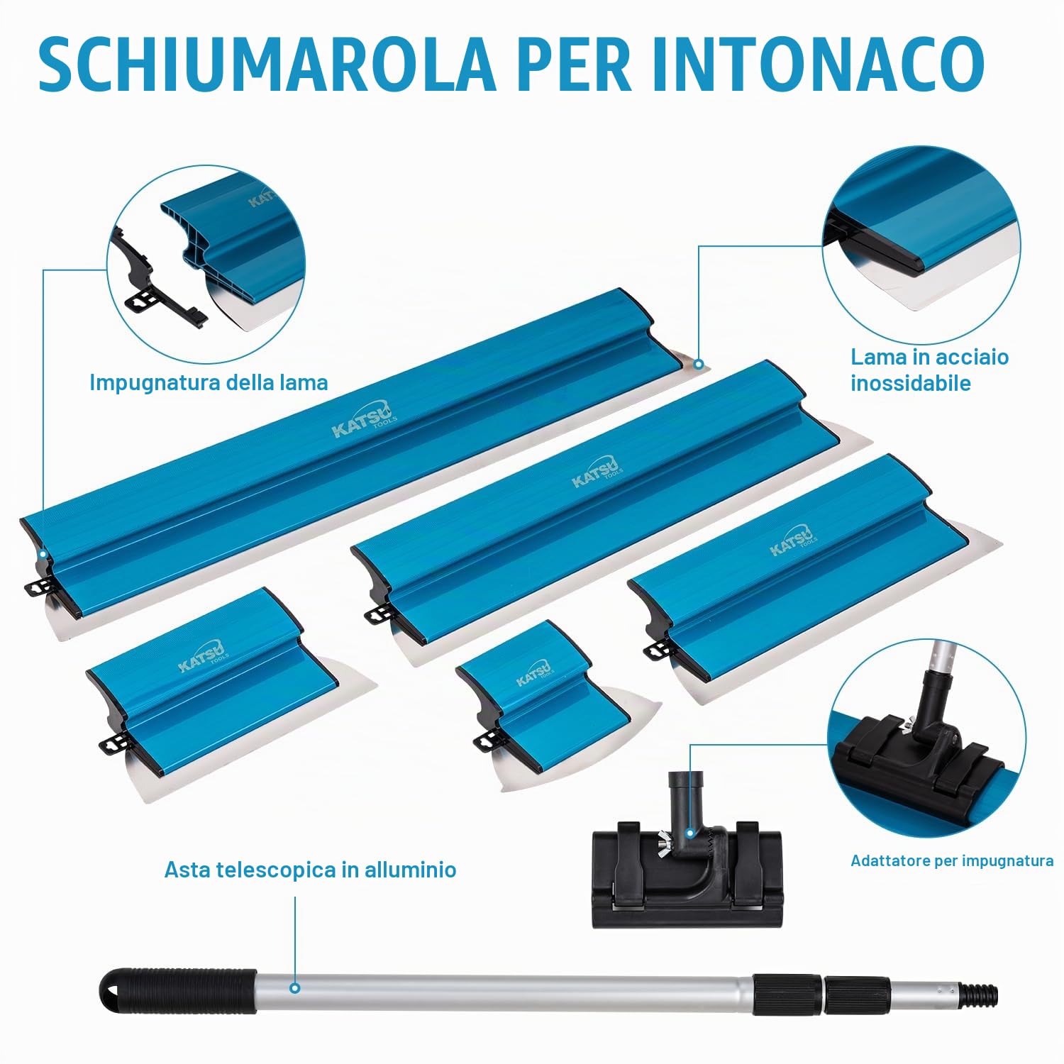 KATSU Tools Spatole per Stucco Kit, Frattazzo per Stucco in Acciaio Inox da 25+40+60+80 cm, Spatola di Finitura per Intonacare Pareti e Soffitti