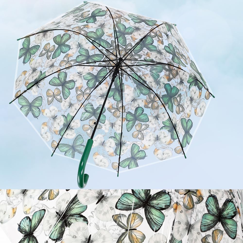 ThreeH Women's Clear Bubble Umbrella Transparent Dome Coverage Windproof Rainproof with Beautiful Buttefly Flower Patterns
