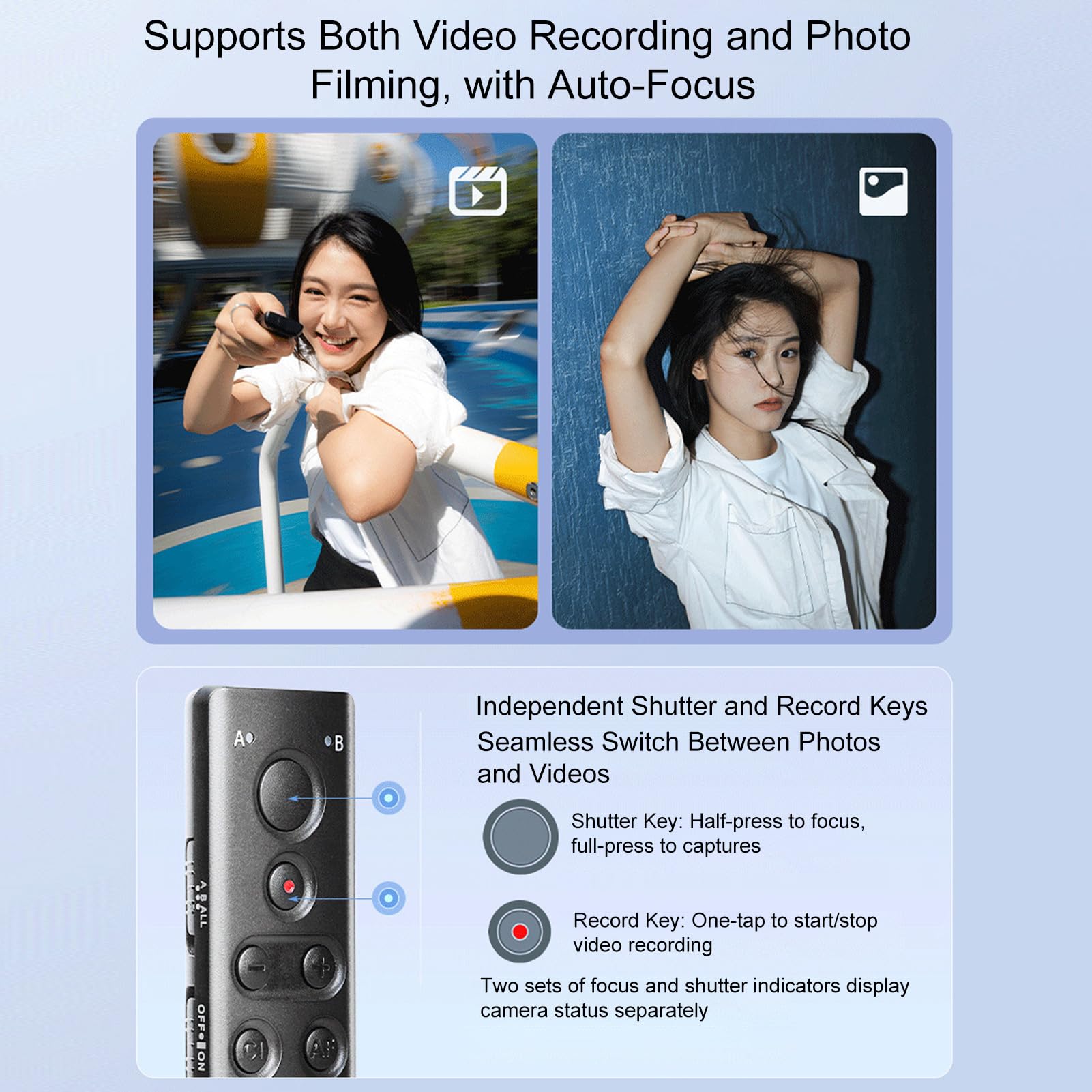 Sxhlseller Telecomando Wireless per Fotocamera, Controllo Doppia Fotocamera con Pulsanti di Scatto Video e Messa a Fuoco Zoom, Connessione BT con Portata di 10 M, per Fotocamere DSLR