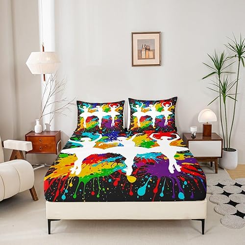 Miniatura 9 de Erosebridal Sábana bajera ajustable tamaño individual para niñas, juego de ropa de cama de gimnasia rosa y negro para gimnasias, lentejuelas con