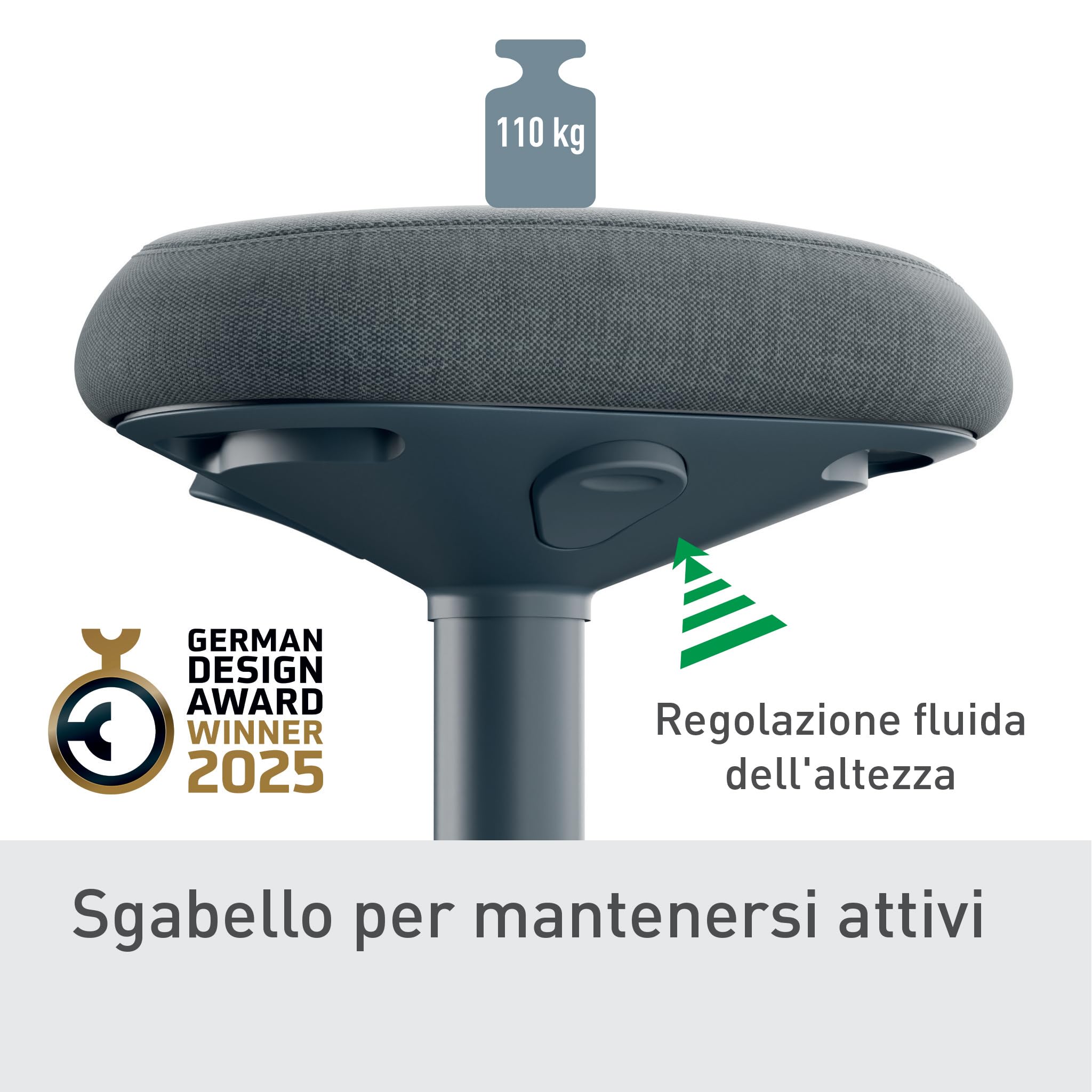 Leitz Ergo Active Sgabello per Posizione Seduta, con Cuscino in Gommapiuma, Altezza Regolabile, Coprisedile Riciclato Post Consumo al 100%, Per Peso fino a 110 kg, Gamma Ergo, Grigio Scuro, 65440089