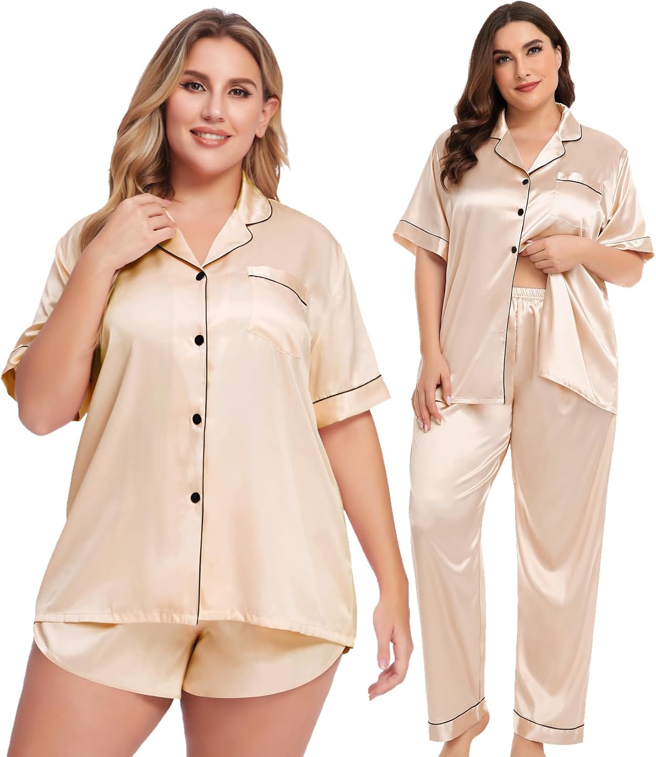 SWOMOG Women's Plus Size Pajamas Silk Satin Pajama Set Short Sleeve Shirt with Full-Length Pants Pjs Sleepwear Set 18W-26W - Image 3