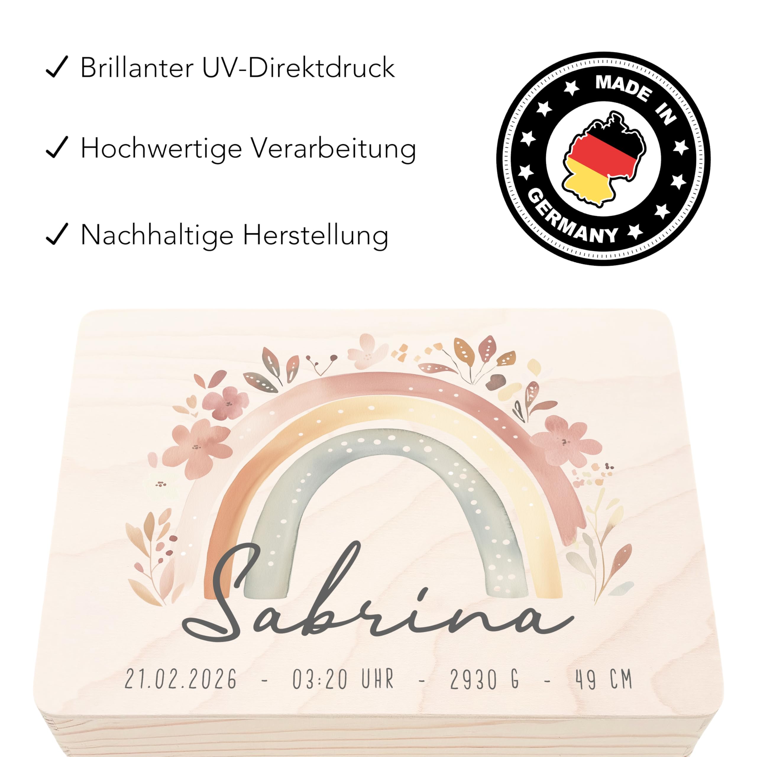 DEL MÀ Unique & Personal Erinnerungskiste Baby Mädchen personalisierte Holzkiste Erinnerungsbox Regenbogen Geschenk zur Geburt Geburtsgeschenk Holzbox 30x20x13 cm