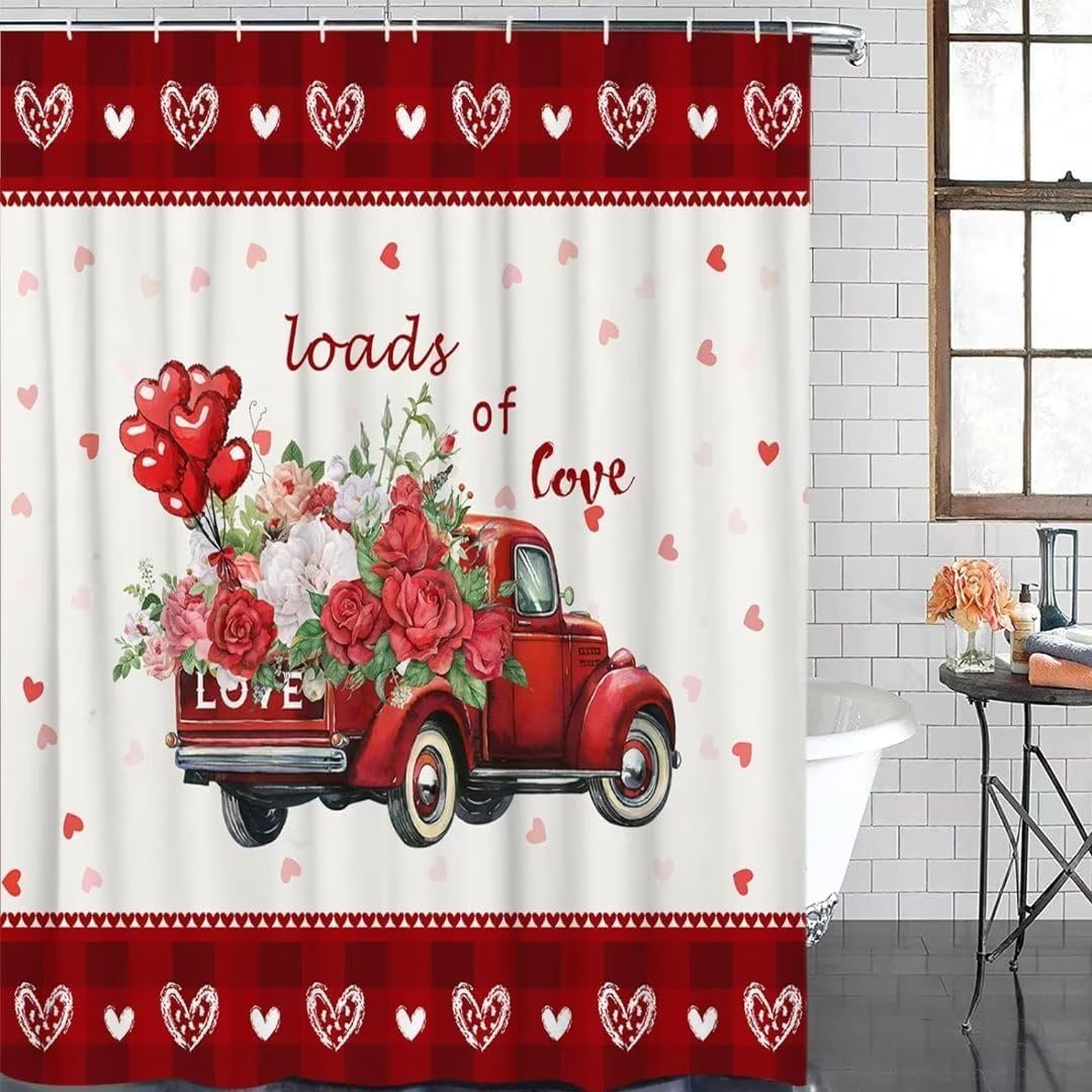 NBVKO 4PCS Valentine's Day Lvoe and Car Shower Curtain Set with Non-Slip Rugs,Toilet Lid Cover and Bath Mat,Bathroom Decor Accessory Set