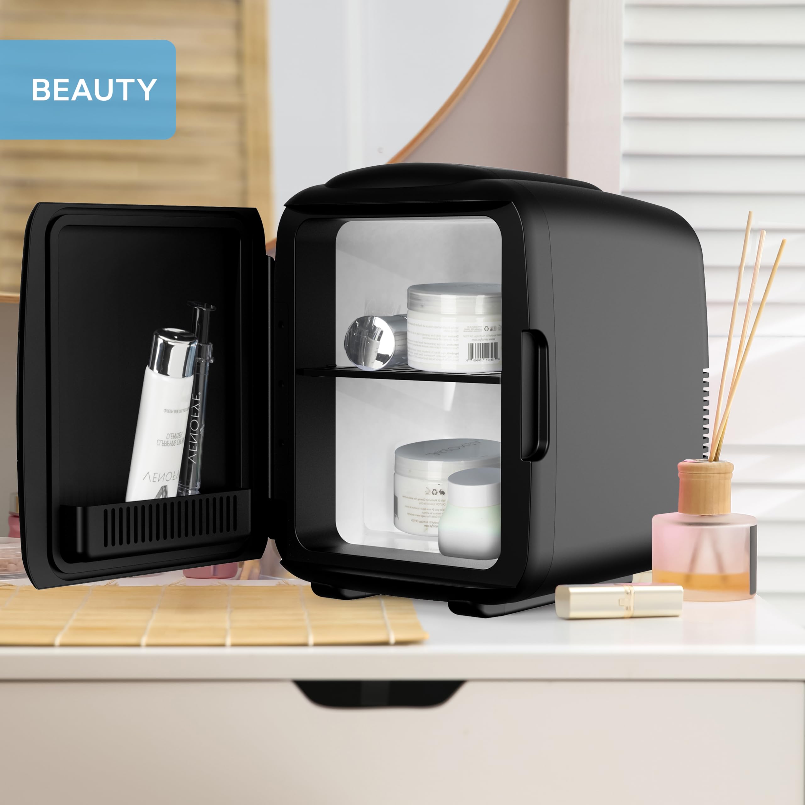 Body Escape Mini Beauty Fridge for Skincare - Birthday Gifts for Her - Retro, Portable, Compact and Quiet Small Fridge for Makeup - 9L - Black Mono