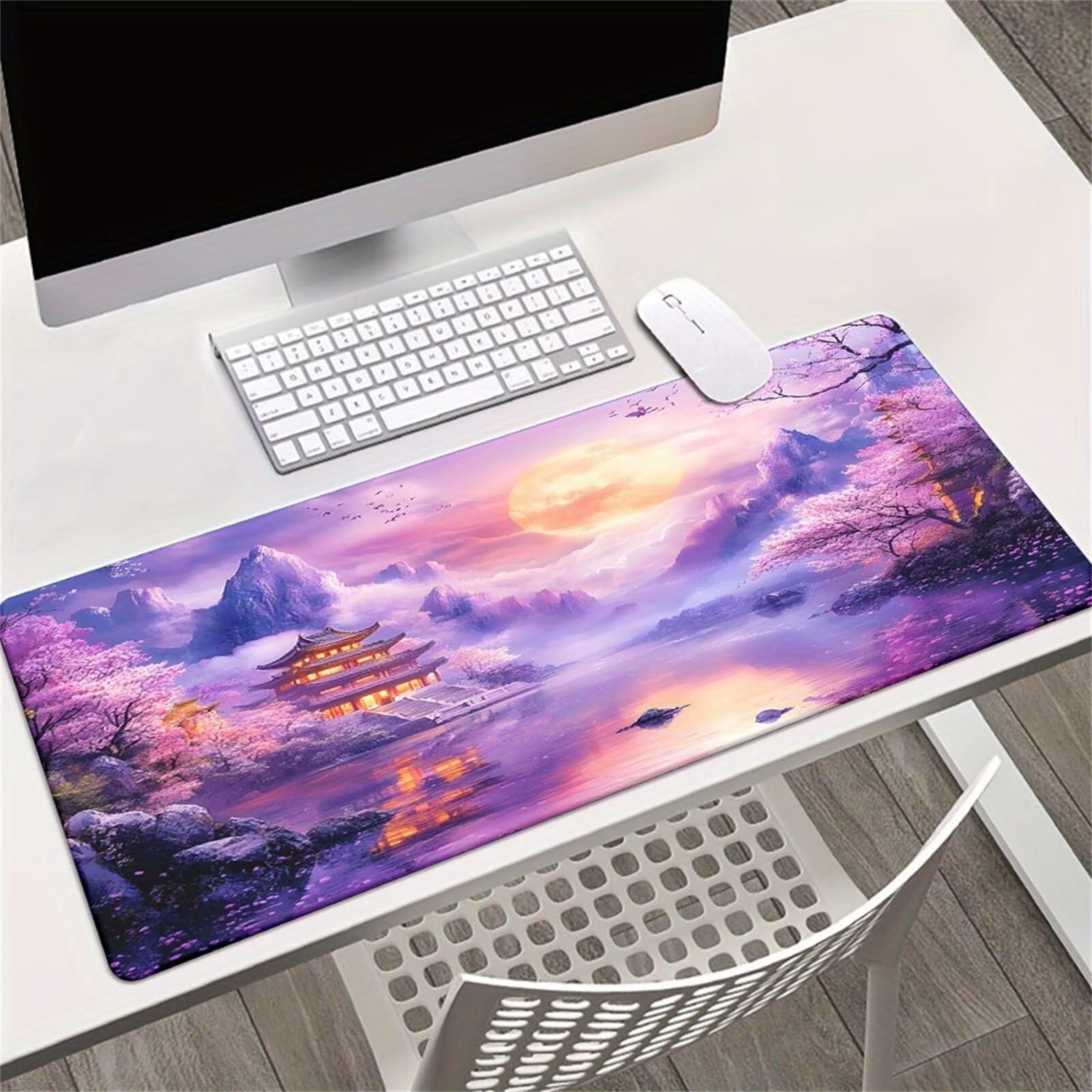 Alfombrilla de Ratón Gaming XXL 1200x600x2mm, Paisajes Japoneses Color Púrpura | Alfombrilla Escritorio Grande Antideslizante, Superficie de Alta Precisión y Velocidad para Teclado, PC y Laptop