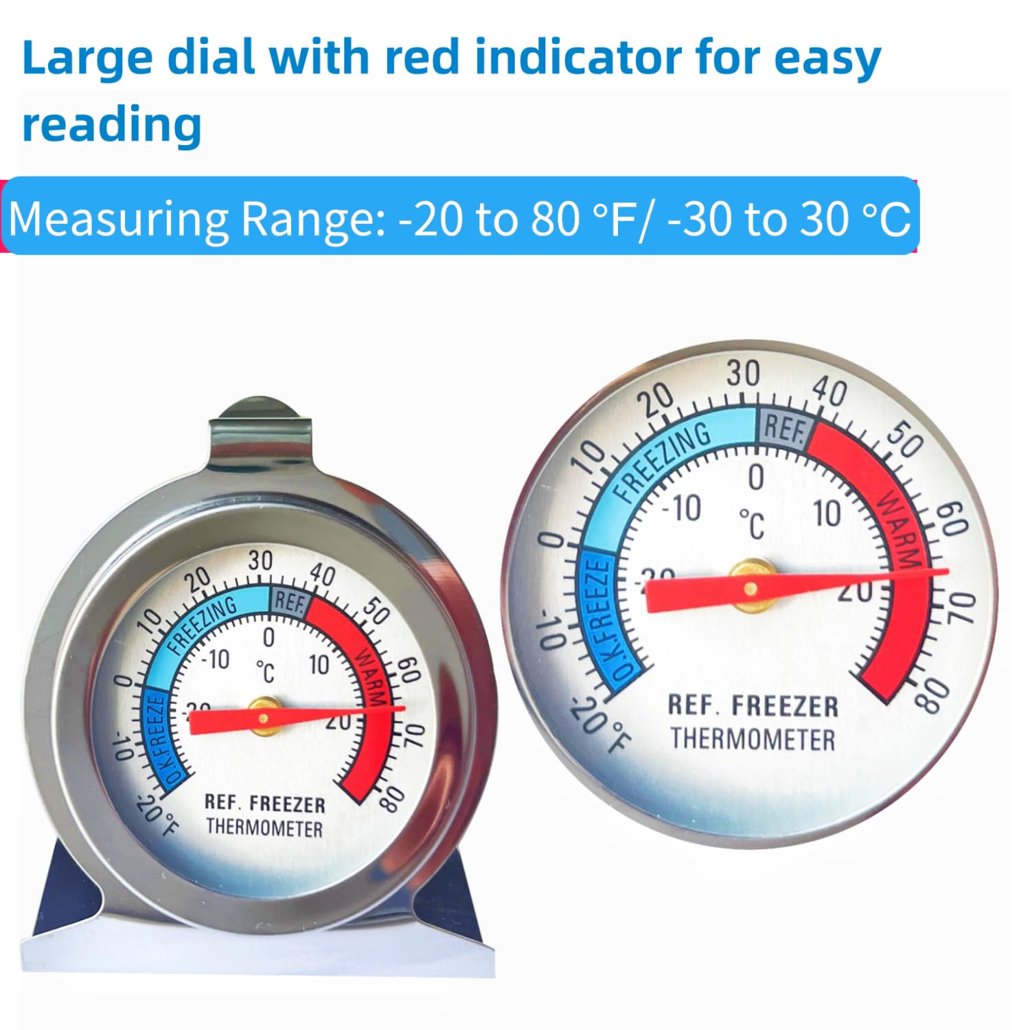 10 Pack Refrigerator Freezer Thermometer, Classic Series Stainless Steel Large Dial Thermometer for Refrigerator Fridge Freezer Cooler