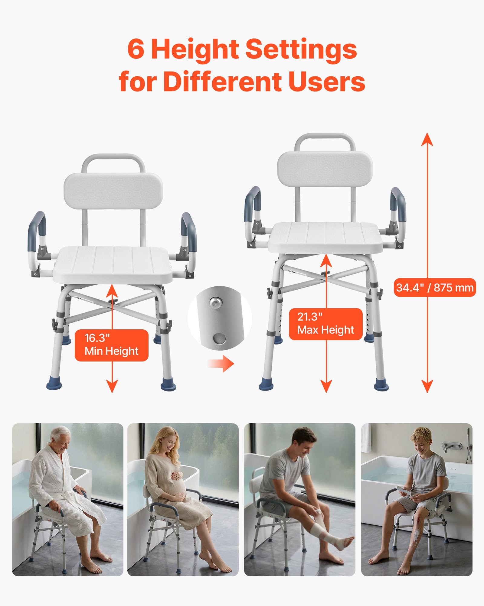 VEVOR Chaise de Baignoire Pivotante, Banc de Transfert Baignoire avec Accoudoirs Relevables et Dossier, Capacité 227 kg, Siège de Douche pour Adultes, Personnes Âgées et Handicapés, Hauteur Réglable