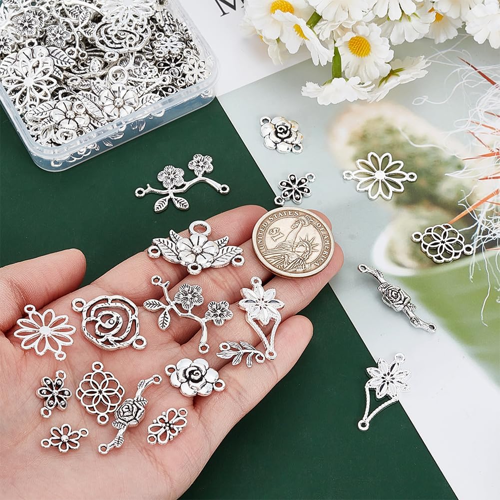 PH PandaHall 96pcs 12 Styles Flower Charms, Flower Connectors Links Pendant Metal Filigree Charms Jewelry Connector for Dangle Earrings Bracelets Necklaces Crafts Making, Antique Silver - Image 3