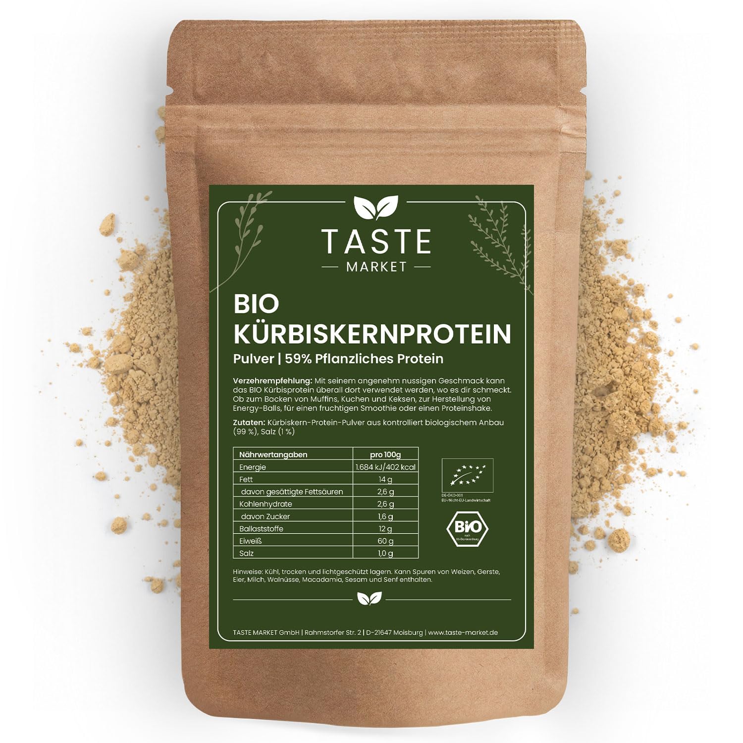 5 kg BIO Kürbiskern Protein Pulver | 59% Protein | veganes Eiweißpulver | 100% natürlich | ohne Zusätze | Taste Market