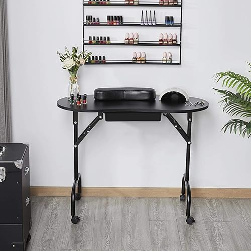 Miniatura 2 de Yaheetech Mesa de manicura portátil y plegable de 37 pulgadas estación de trabajo con cajón grande almohadilla de muñeca para cliente ruedas Negro,