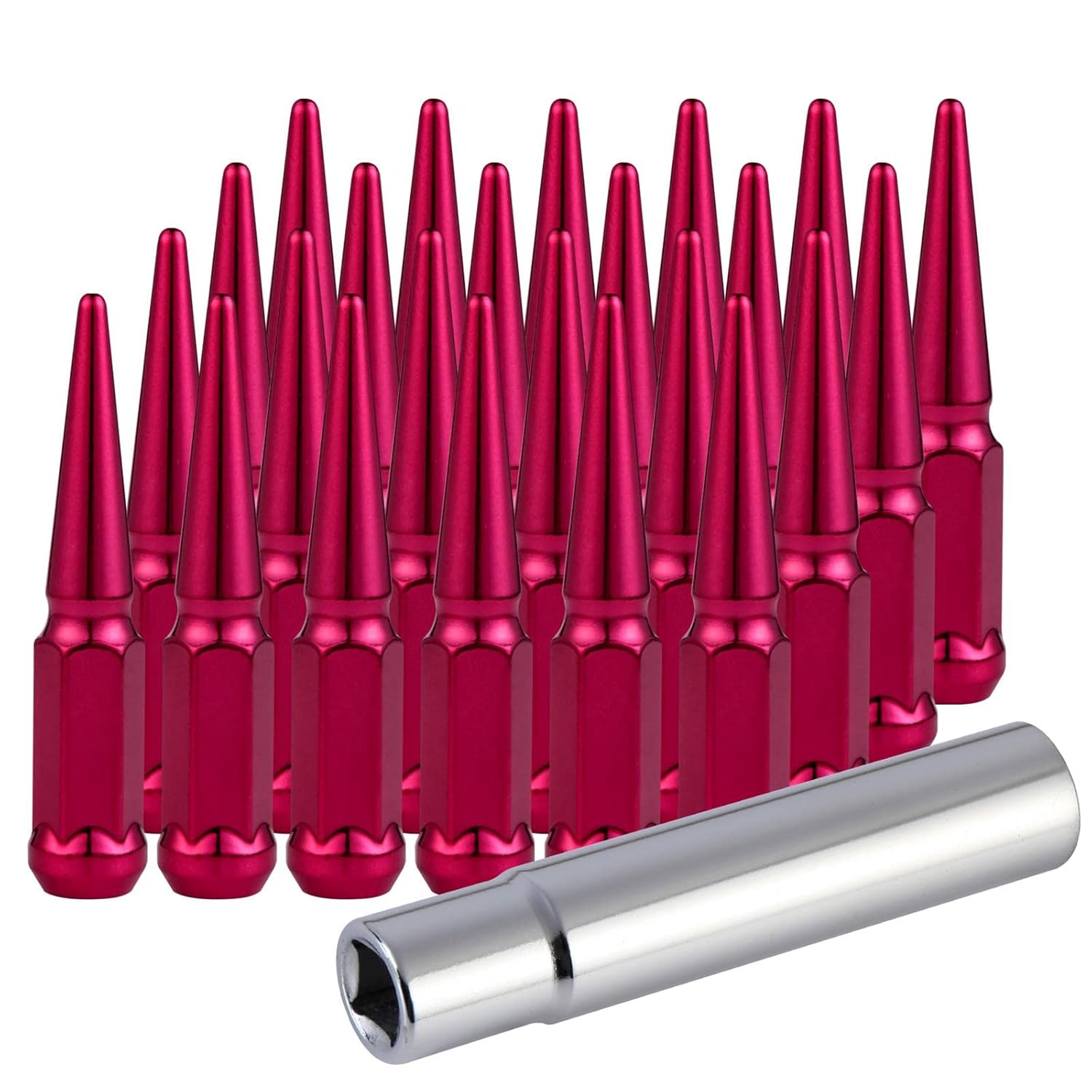 RSOXTECH M14x1.5 Spike Lug Nuts with Cone Seat, 24 pcs Red