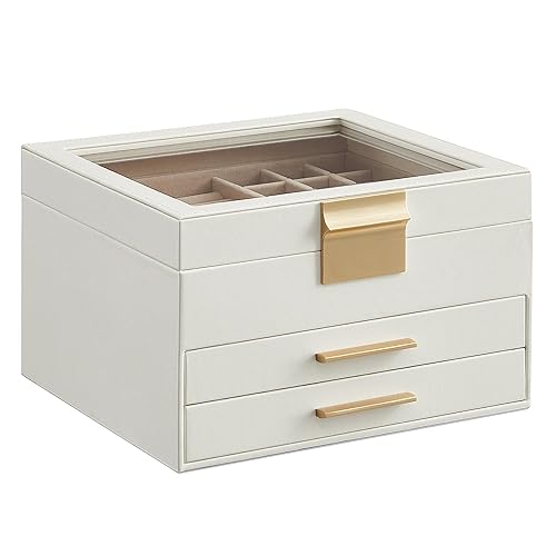 SONGMICS Jewelry Box Organizer with Glass Lid, 3-Layer Jewelry Storage, with 2 Drawers, Modern Style, Christmas Gift, 8 x 9.1 x 5.3 Inches, Cloud White and Gold Color UJBC239WT