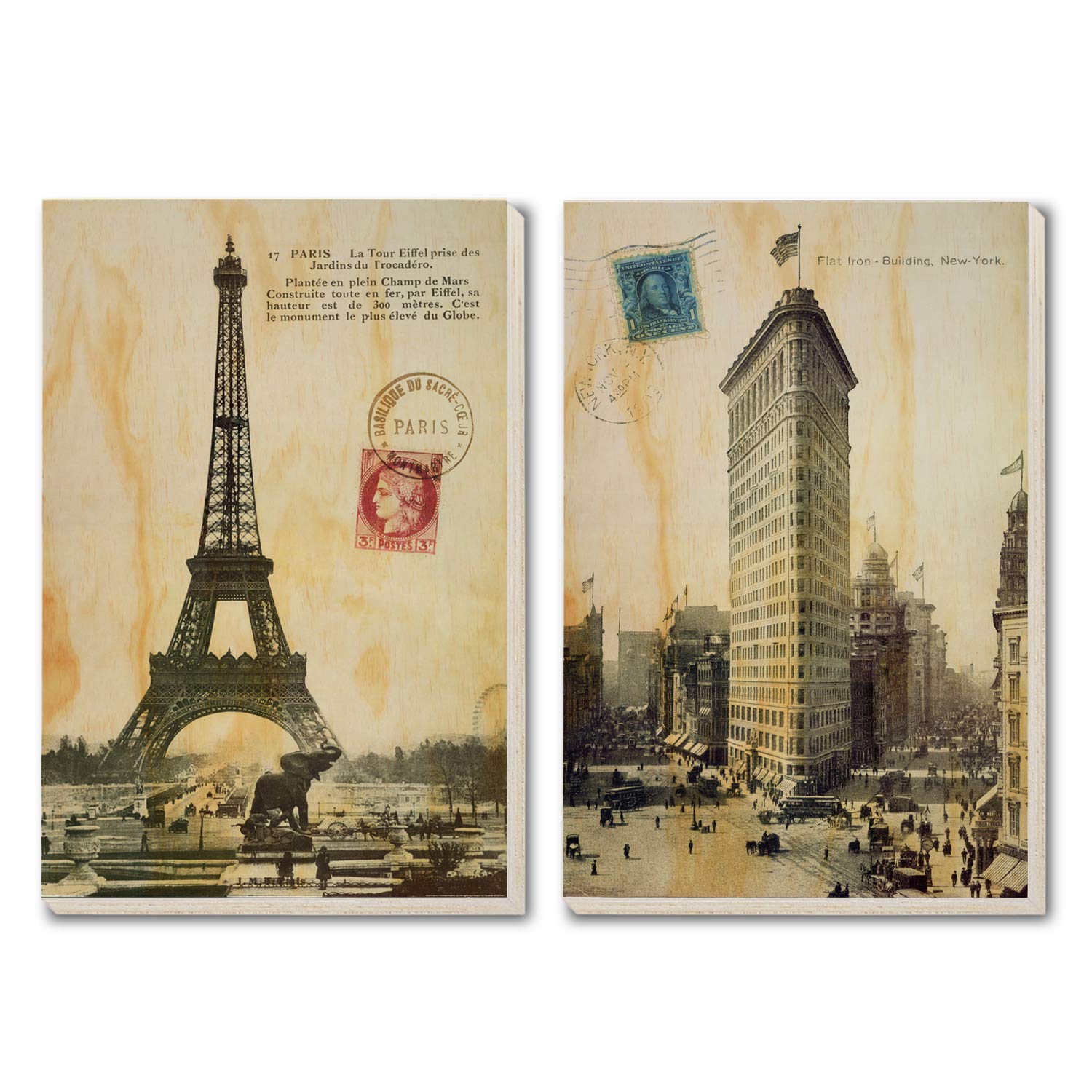 Eiffel Tower Flatiron Building City View Photograph Print on Plywood Wall Art Wood Print Poster Wooden Decor Natural Texture of Wood Grain Home Decoration, 2 Pack (36" x 48")