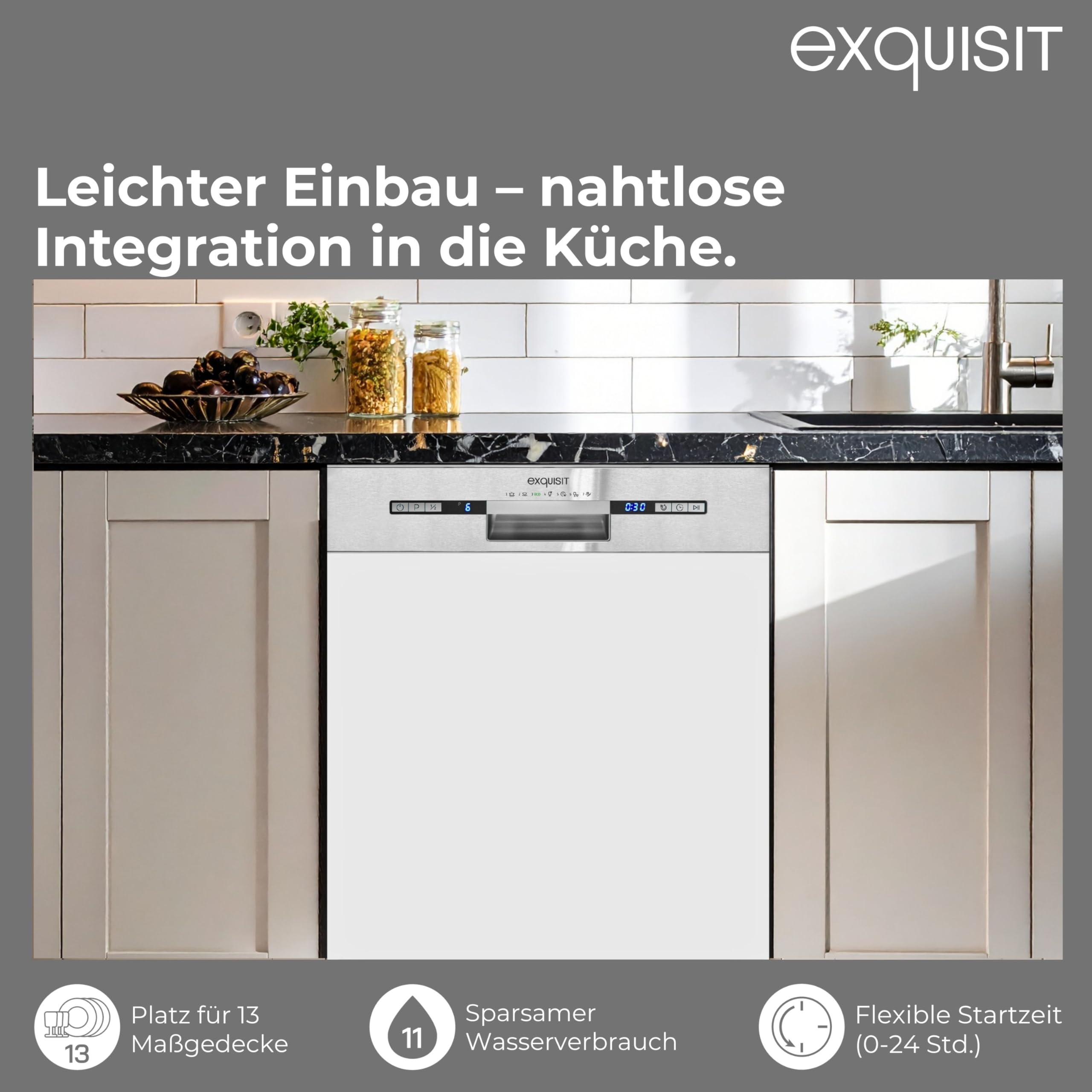 Exquisit PLUS Einbaugeschirrspüler | 13 Maßgedecke, Energieklasse E, 47 dB(A) | vollintegriert, 7 Programme, Eco, Intensiv, Kurz, Extra-Trocknung, Startzeitverzögerung | EGSP2113-EB-030E inox
