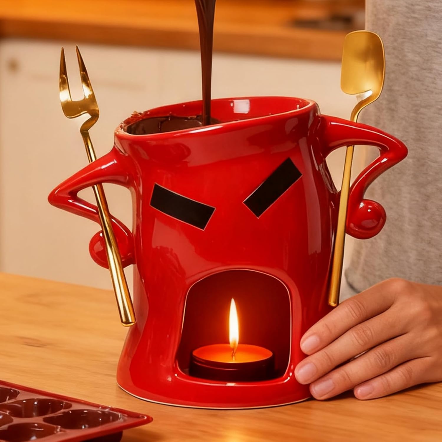 Chocolate Fondue Mug,Ceramic Melting Cheese Mug - Candle Chocolate Melting Cup Fork Spoon - for Strawberries Biscuits Birthdays Parties Family Gatherings